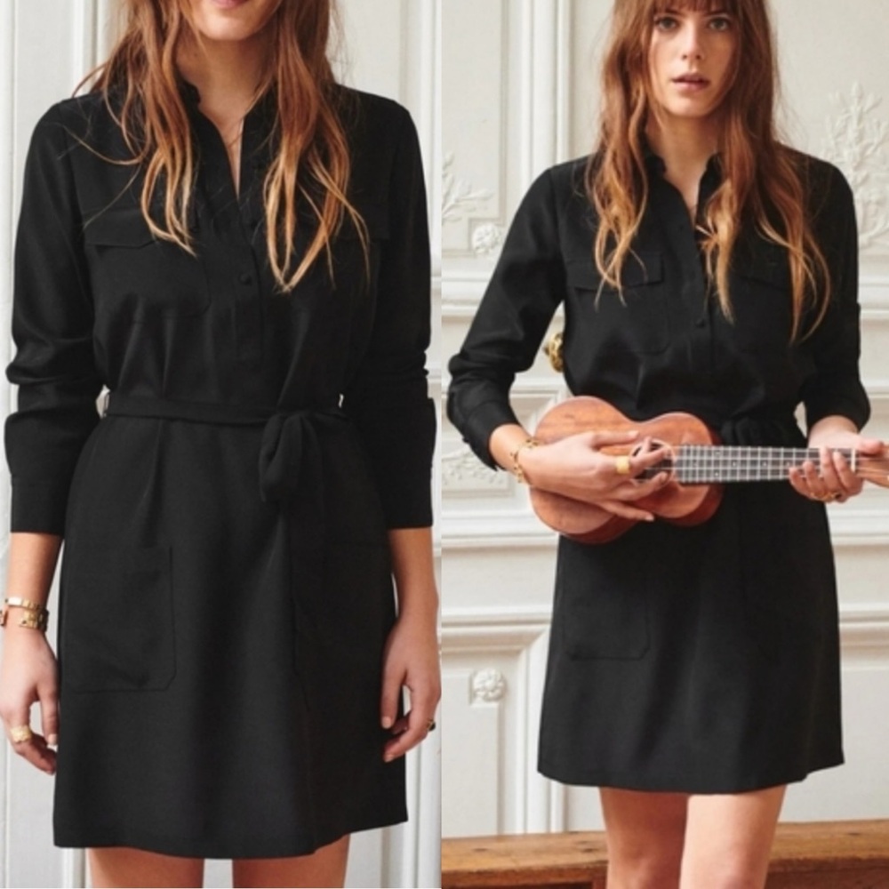 Sezane 100% Silk Shirt Drew Dress Black Womens Size 34 French US 2 Belted Lined